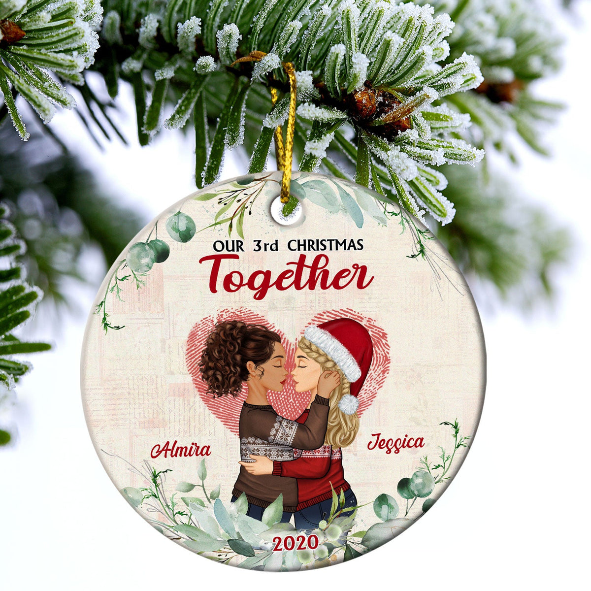 Couple de famille de Noël Notre premier Noël ensemble - Cadeau pour couples - Ornement en céramique personnalisé en forme de cercle