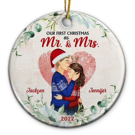 Couple de famille de Noël Notre premier Noël ensemble - Cadeau pour couples - Ornement en céramique personnalisé en forme de cercle