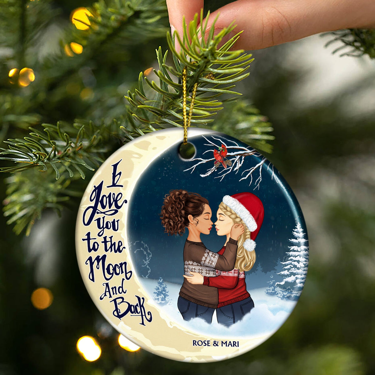 Christmas Family Couple I Love You To The Moon And Back - Gift For Couples - Personalized Custom Circle Ceramic Ornament