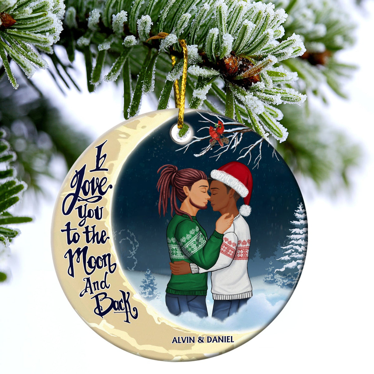 Christmas Family Couple I Love You To The Moon And Back - Gift For Couples - Personalized Custom Circle Ceramic Ornament