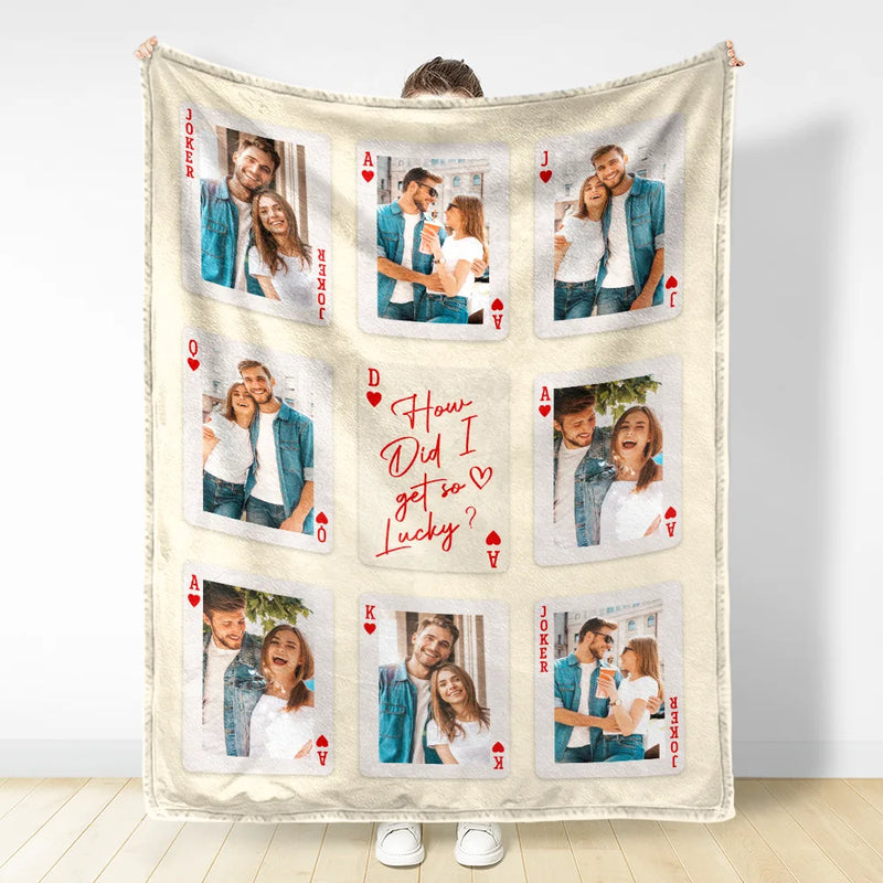 Gift For Couples,Old Couples,Gift For Husband,Gift For Wife,Gift For Boyfriend,Gift For Girlfriend,Love,Custom Photo - Custom Photo Playing Card Couple Lucky In Love - Personalized Fleece Blanket, Sherpa Blanket
