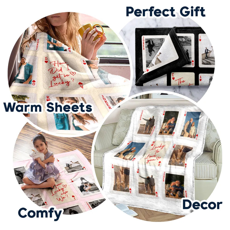 Gift For Couples,Old Couples,Gift For Husband,Gift For Wife,Gift For Boyfriend,Gift For Girlfriend,Love,Custom Photo - Custom Photo Playing Card Couple Lucky In Love - Personalized Fleece Blanket, Sherpa Blanket