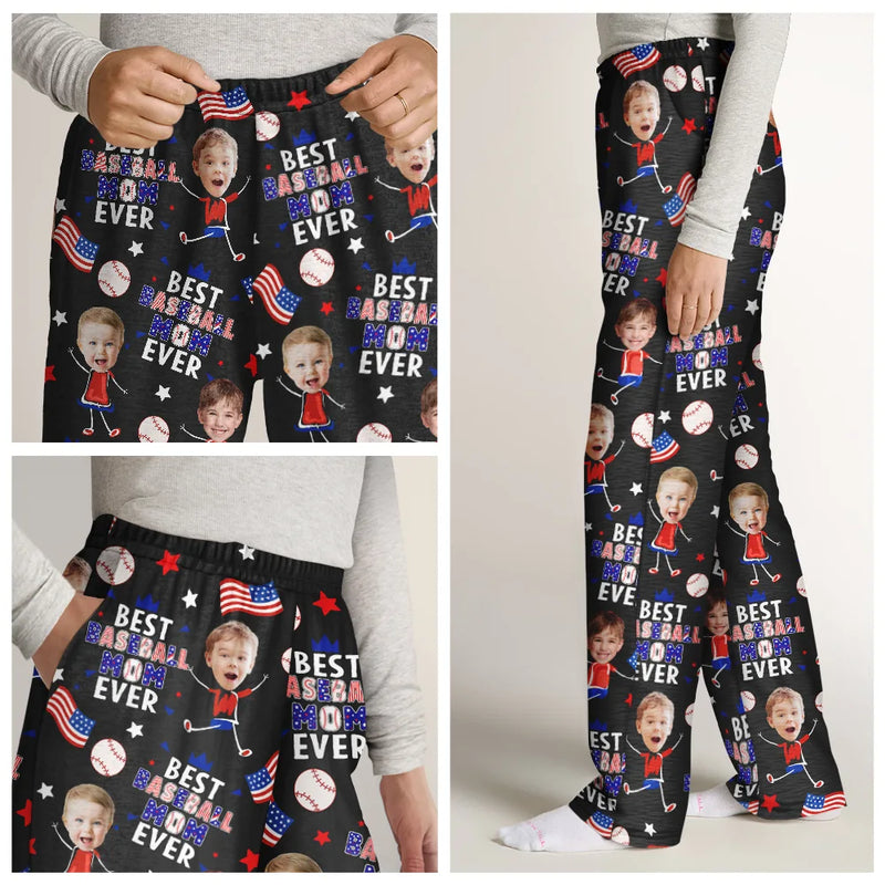 Gift For Father,Gift For Grandpa,Gift For Mother,Gift For Grandma,Happy,Baseball,Photo,Icon - Custom Photo Stars & Stripes Best Baseball Mom Dad Ever - Personalized Pajama Pants