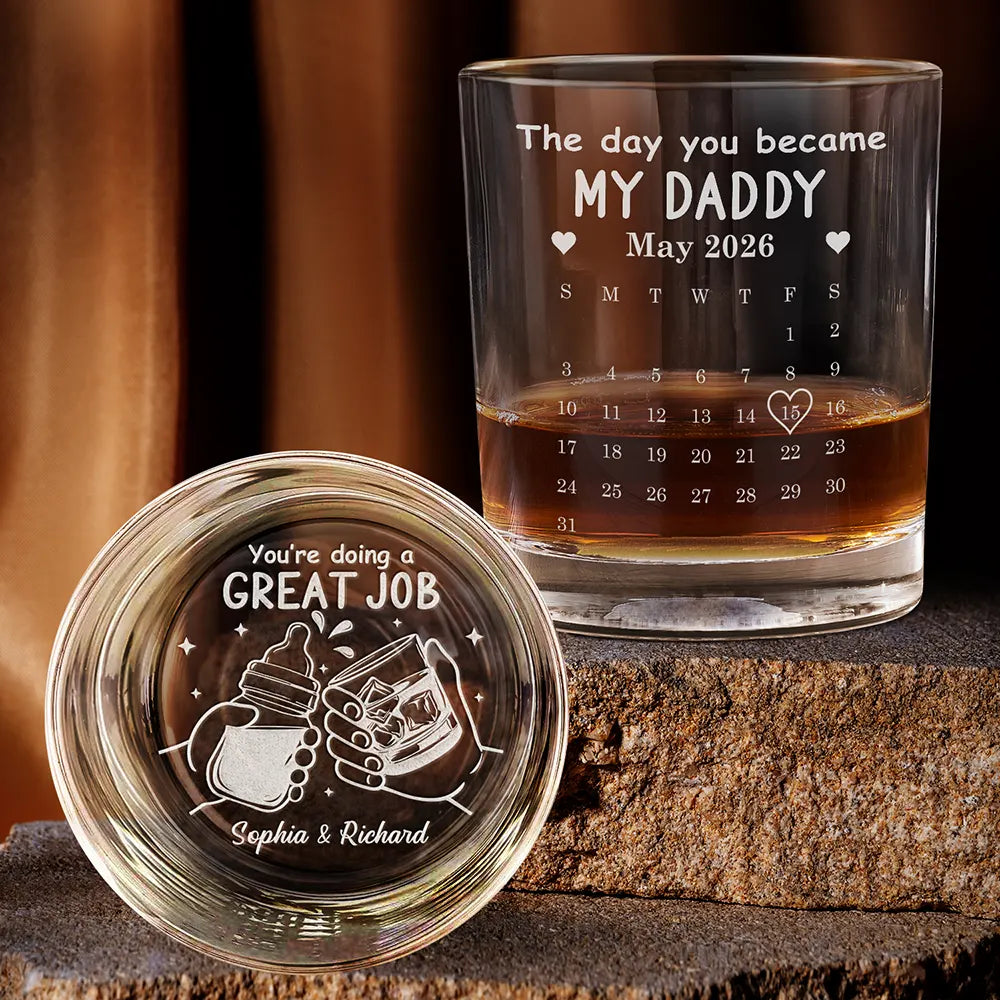 Calendar The Day You Became My Daddy Mommy - Personalized Engraved Whiskey Glass