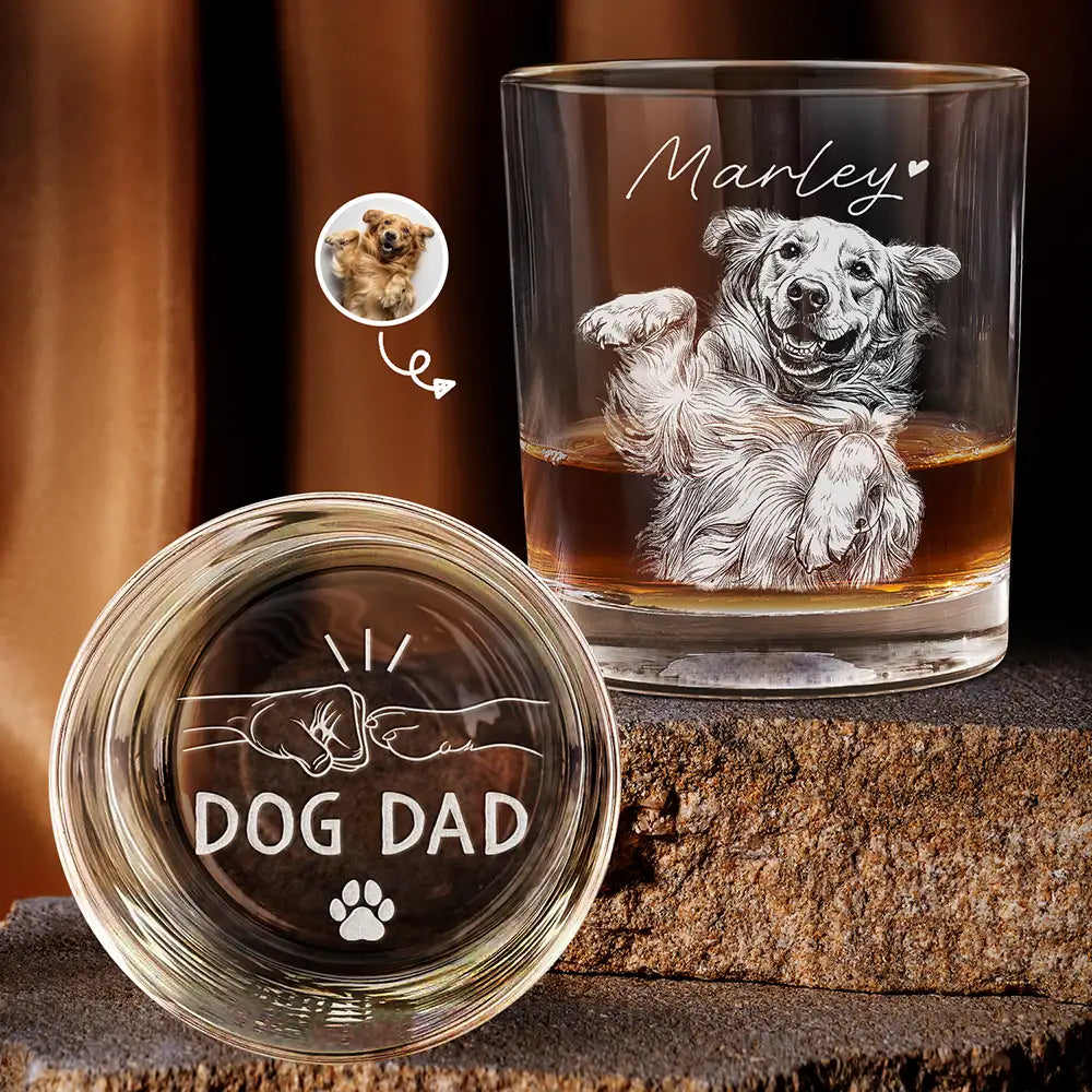 Pet Lovers,Pet Mom,Pet Dad,Dog Lovers,Dog Mom,Dog Dad,Cat Lovers,Cat Mom,Cat Dad,Non-Eng,Photo - Pencil Sketch (Dark BG),Adorable - Custom Photo White Pencil Sketch Art Pet Dad Pet Mom - Personalized Engraved Whiskey Glass