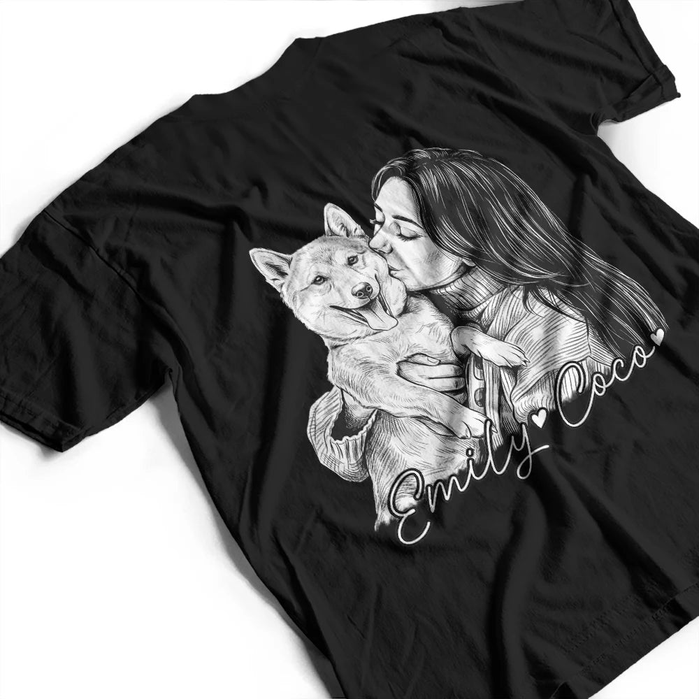 Pet Lovers,Pet Mom,Pet Dad,Cat Lovers,Cat Mom,Cat Dad,Dog Lovers,Dog Mom,Dog Dad,Non-Eng,Photo - Pencil Sketch (Dark BG),Adorable - Custom Photo White Pencil Sketch Art Dog Dad Dog Mom Hand Punch - Personalized T Shirt