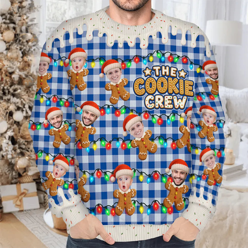 Christmas,Custom Photo,Family,Cut-Face Photo,Happy - Custom Photo The Cookie Crew Family - Personalized Unisex Ugly Sweater