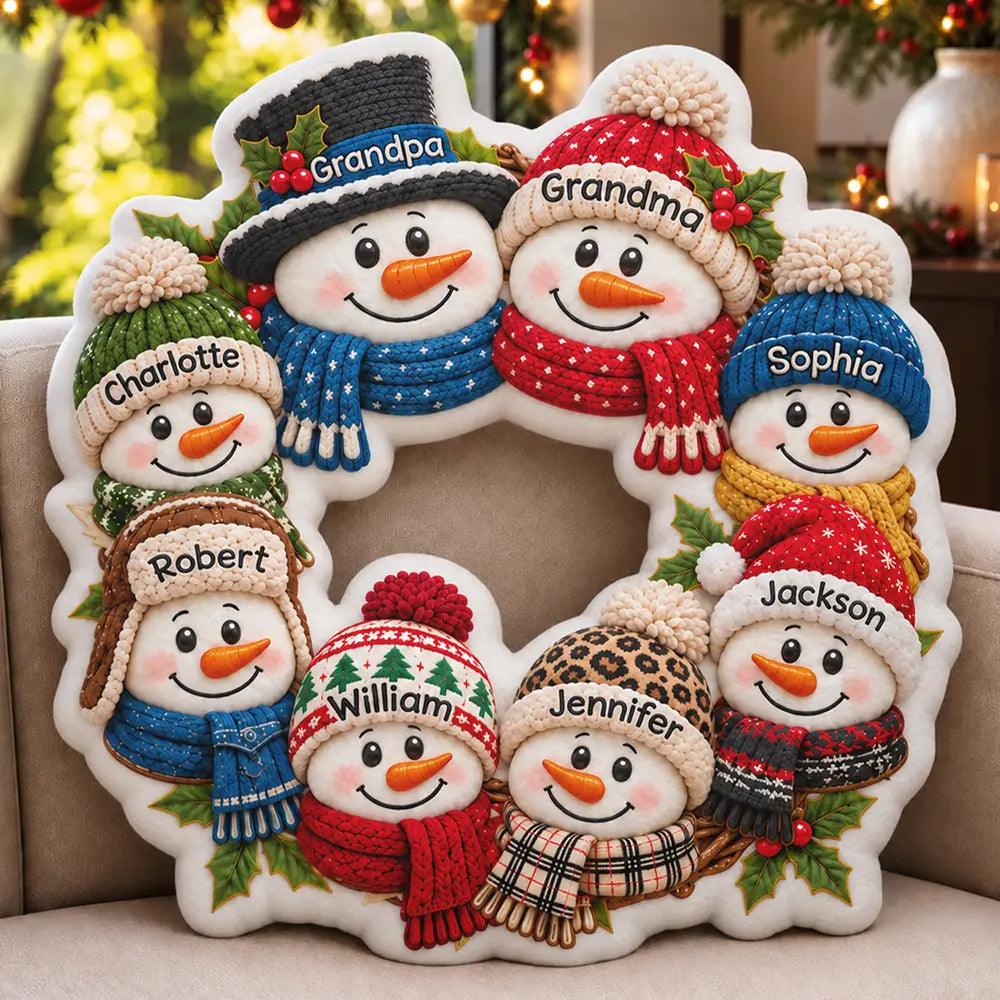 Christmas,Family,Grandparents,Happy,Icon - Christmas Decor For Grandparents - Personalized Snowman Wreath Pillow