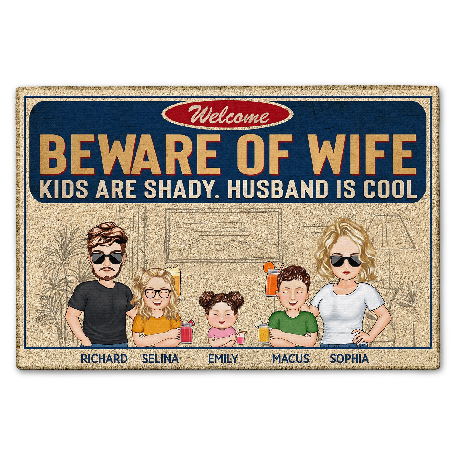 Beware Of Wife Kids Are Shady Husband Is Cool Cartoon Couple Husband Wife Family - Personalized Custom Doormat