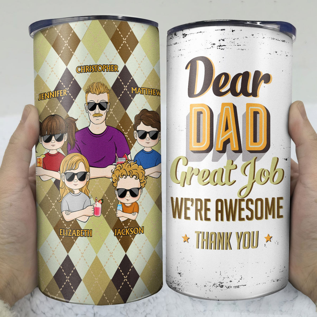 Dear Dad Great Job We're Awesome Thank You Young Argyle Pattern - Birthday, Loving Gift For Father, Grandpa, Grandfather - Personalized Custom 4 In 1 Can Cooler Tumbler