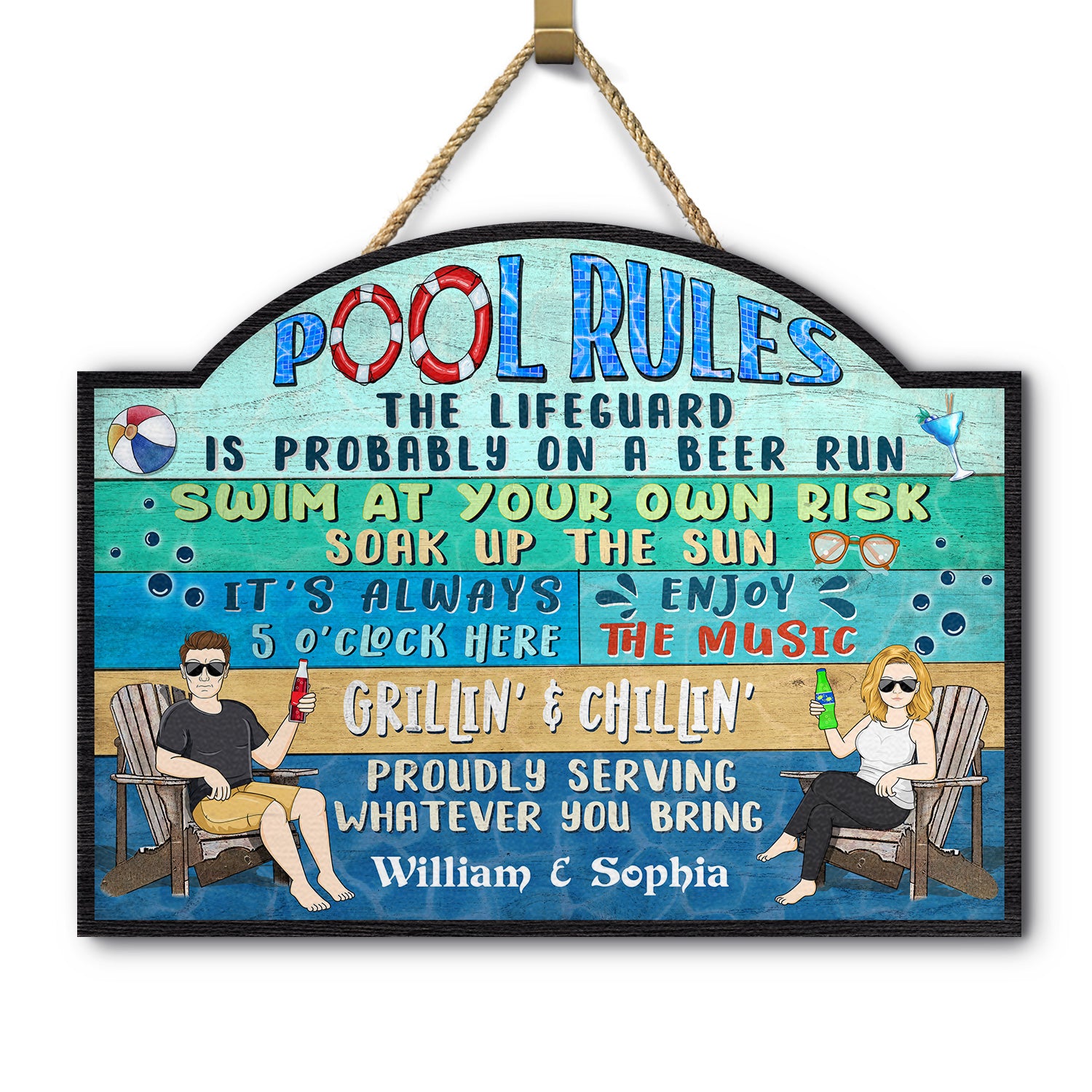 Pool Rules Swim At Your Own Risk Grilling BBQ - Home Decor, Backyard Decor, Gift For Her, Him, Family, Couples, Husband, Wife - Personalized Custom Shaped Wood Sign