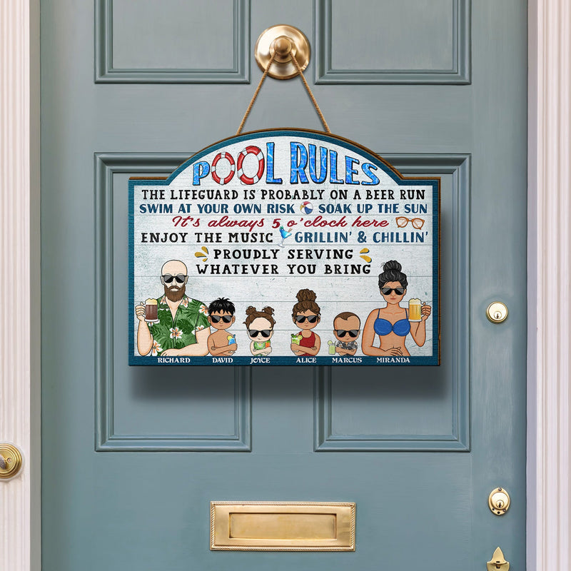 Pool Rules Swim At Your Own Risk Grilling Kids - Home Decor, Backyard Decor, Gift For Her, Him, Family, Couples - Personalized Custom Shaped Wood Sign