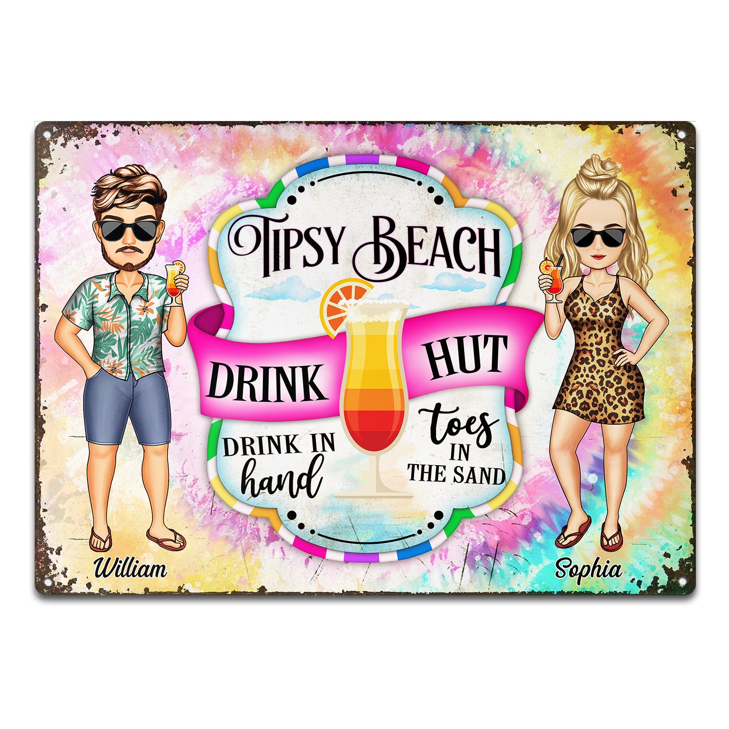 Tipsy Beach Drink Hut Drink In Hand Toes In The Sand - Homewarming, Birthday, Home Decor Gift For Couple, Family, Friend, Husband, Wife - Personalized Classic Metal Signs