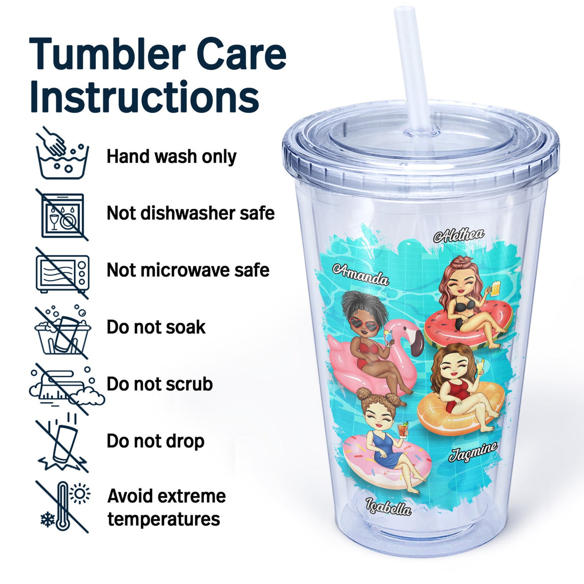 Salty Lil' Beach Tanned And Tipsy Pool Hair Don't Care - Birthday, Anniversary, Travel, Vacation Gift For Girl, Bestie, Sister - Personalized Acrylic Insulated Tumbler With Straw