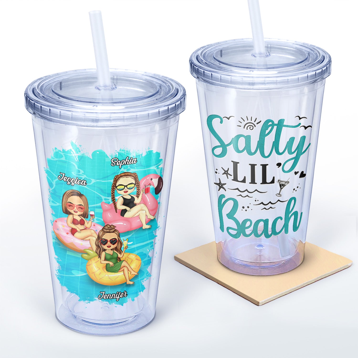 Salty Lil' Beach Tanned And Tipsy Pool Hair Don't Care - Birthday, Anniversary, Travel, Vacation Gift For Girl, Bestie, Sister - Personalized Acrylic Insulated Tumbler With Straw