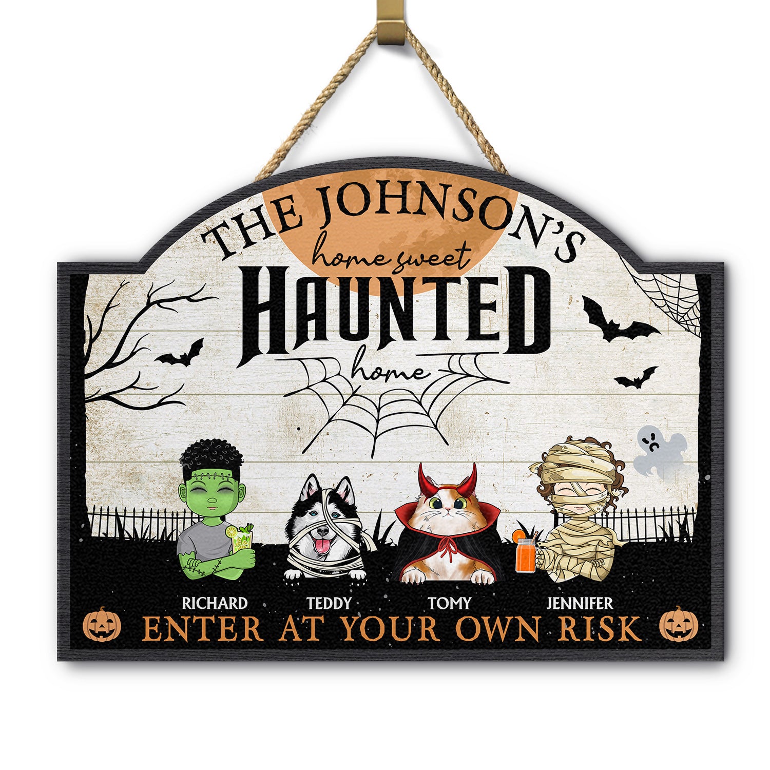 Home Haunted Home Enter At Your Own Risk Kid & Pet - Halloween, Birthday, Home Warming, Funny Gift For Family With Dog, Cat - Personalized Custom Shaped Wood Sign