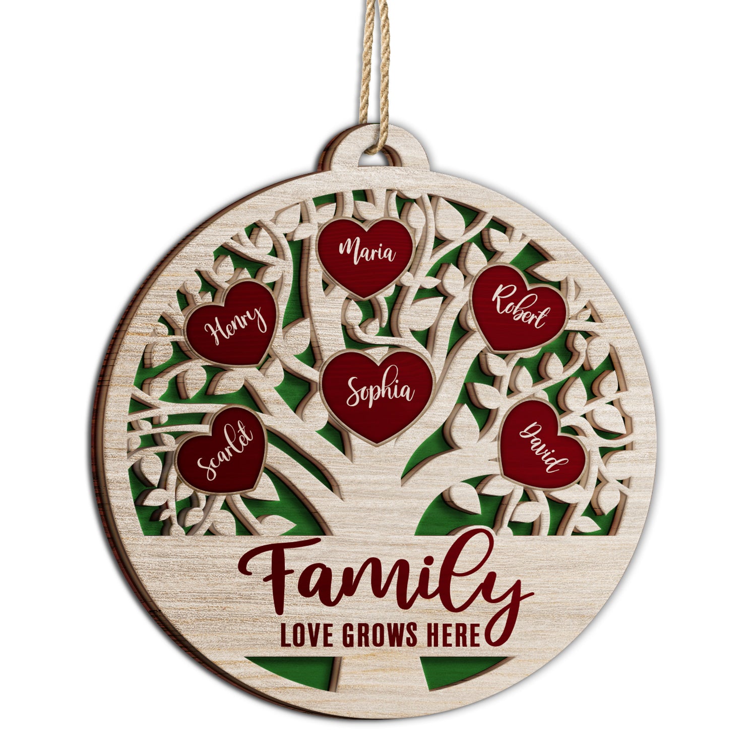 Love Grows Here - Christmas, Birthday, Anniversary, Holiday Gift For Family, Parents, Grandparents - Personalized 2-Layered Wooden Ornament