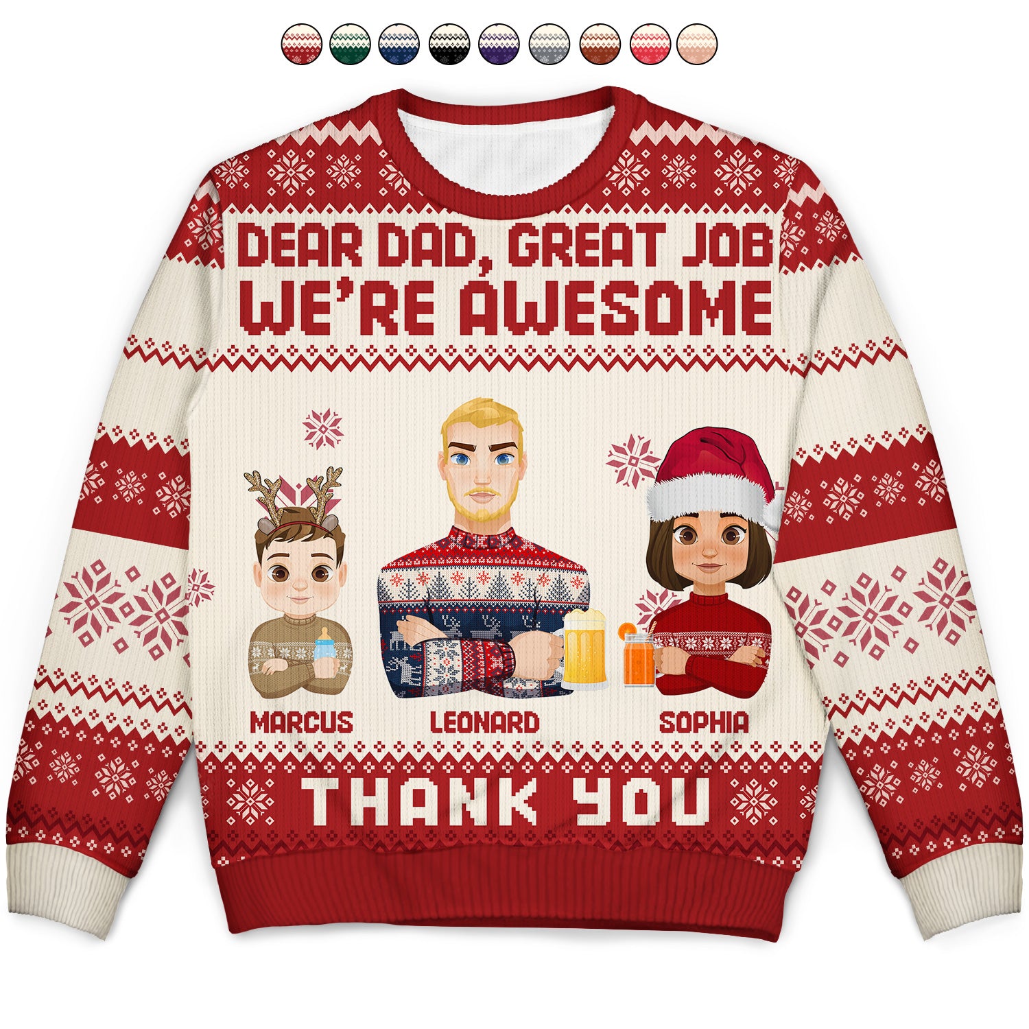 Dear Dad, Mom Great Job We Are Awesome Flat Art - Christmas, Funny Gift For Father, Mother, Grandpa, Grandma - Personalized Unisex Ugly Sweater