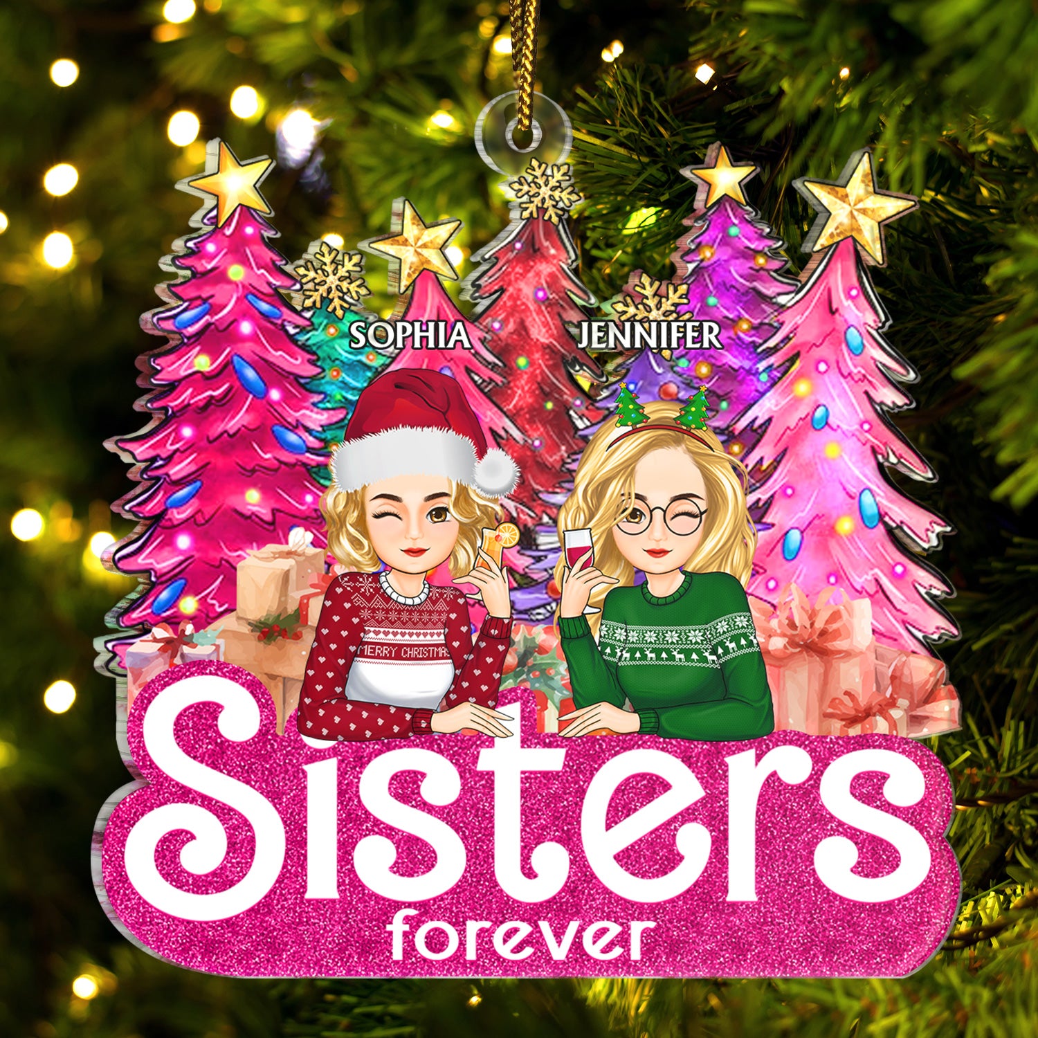 Sisters Forever Pine Tree - Christmas Gifts For Besties, Friends - Personalized Cutout Acrylic Ornament