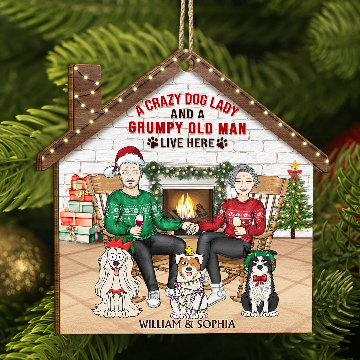 A Crazy Dog Lady And Her Grumpy Old Man Live Here - Christmas Gift For Couple, Pet Lovers And Family - Personalized Custom Shaped Wooden Ornament