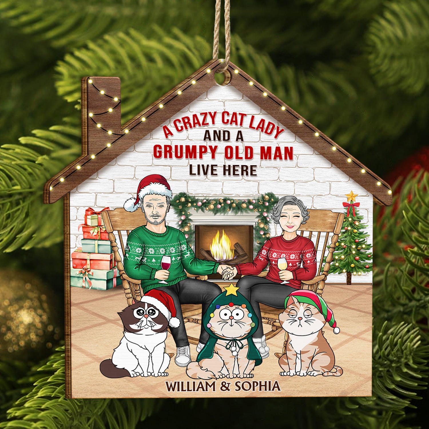 A Crazy Cat Lady And Her Grumpy Old Man Live Here - Christmas Gift For Couple, Pet Lovers And Family - Personalized Custom Shaped Wooden Ornament