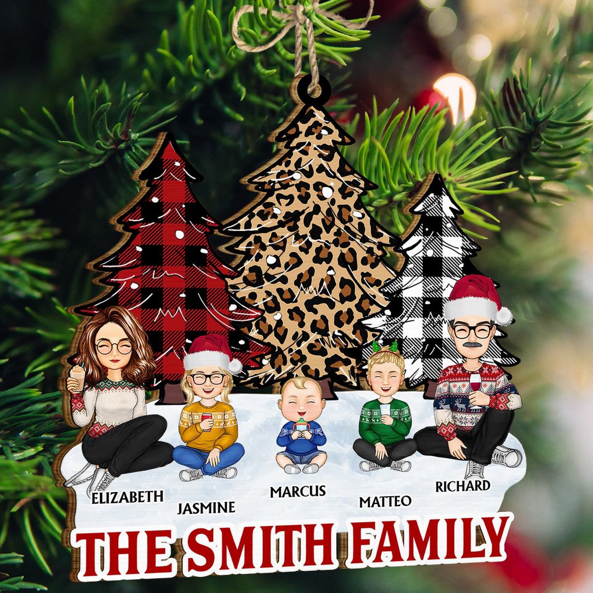 Leopard Checkered Pattern Christmas Tree Family - Xmas Gift For Parent, Grandparent, Sibling - Personalized Wooden Cutout Ornament