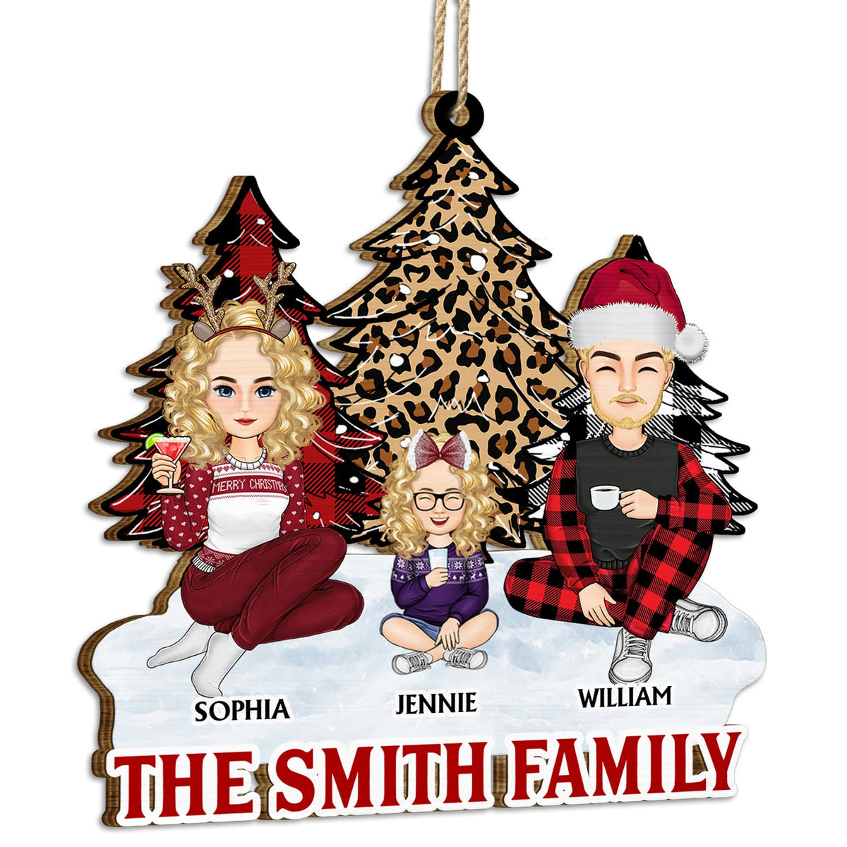 Leopard Checkered Pattern Christmas Tree Family - Xmas Gift For Parent, Grandparent, Sibling - Personalized Wooden Cutout Ornament