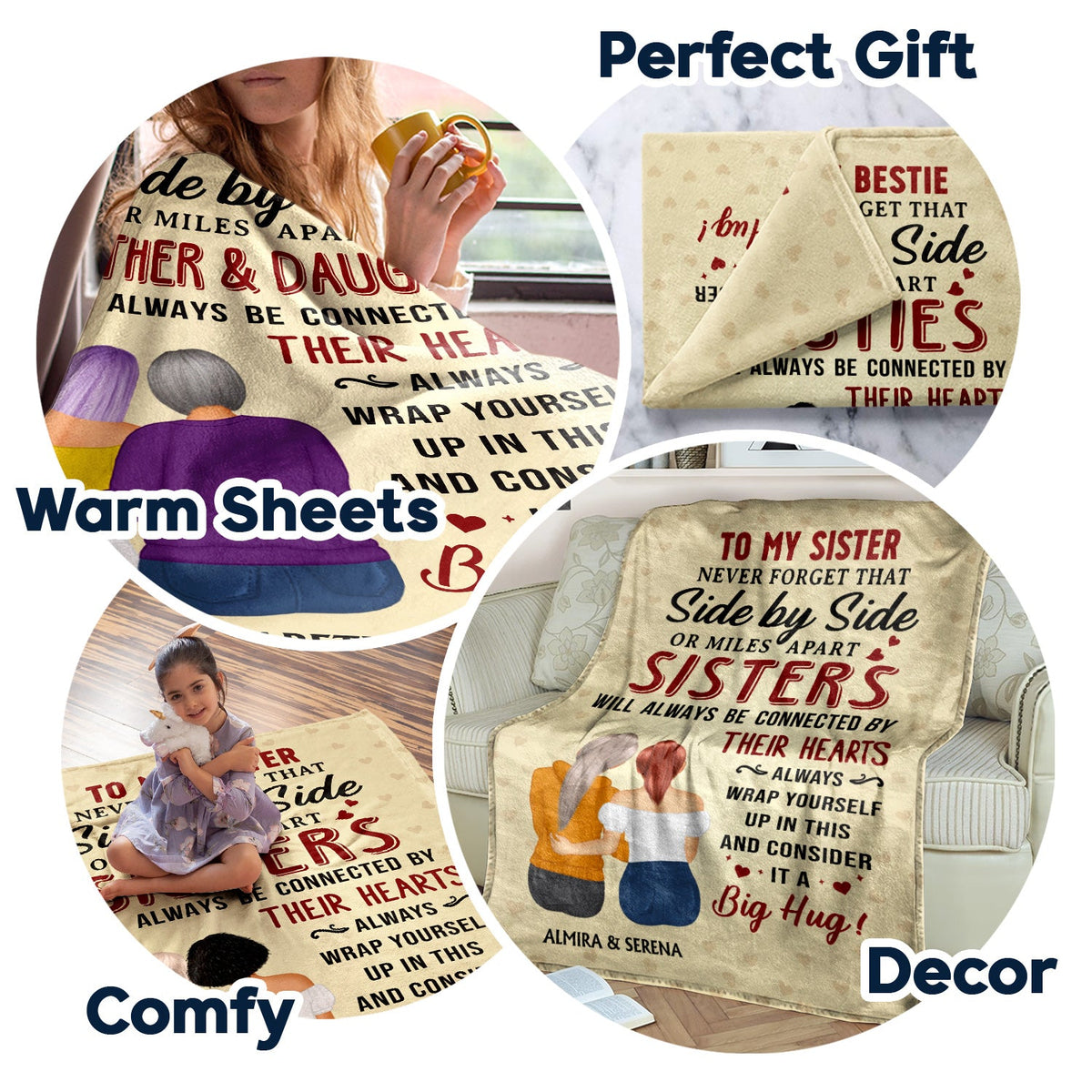 Side By Side Or Miles Apart - Gift For Sisters, Besties, Daughters - Personalized Fleece Blanket
