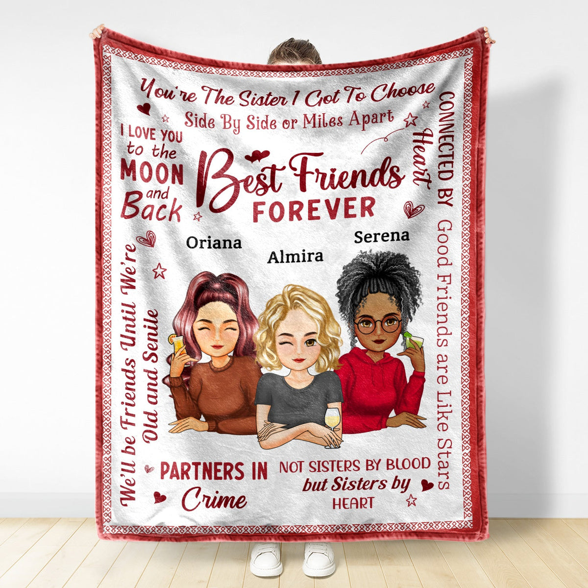 Best Friends Forever Connected By Heart Cartoon - Loving Gifts For Besties - Personalized Fleece Blanket