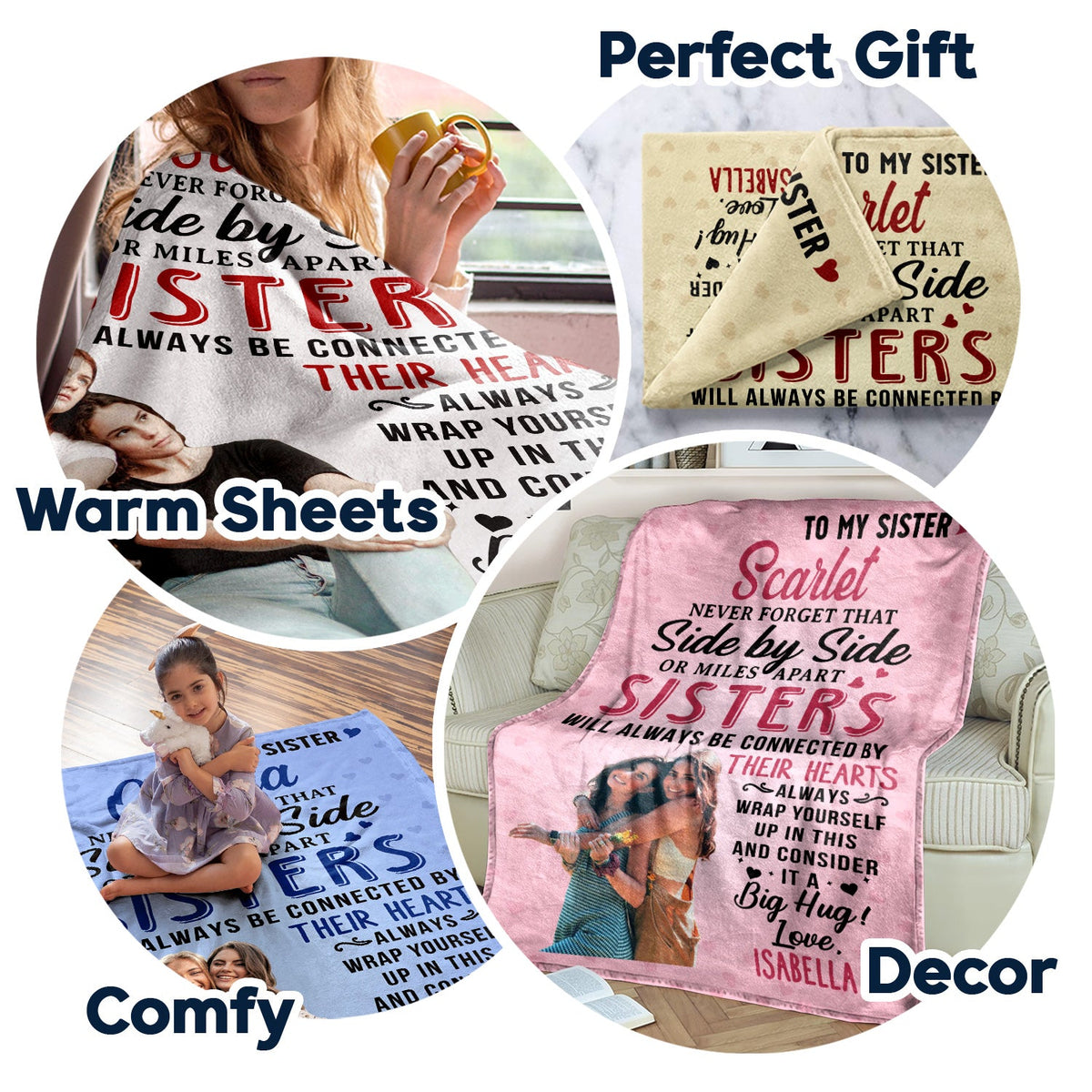 Custom Photo Side By Side Or Miles Apart - Gift For Sisters, Siblings - Personalized Fleece Blanket