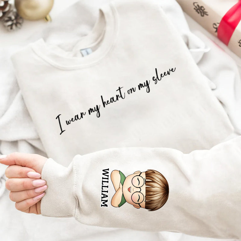 I Wear My Heart On My Sleeve Kid - Gift For Mom, Grandma, Besties, Sisters - Personalized Sweatshirt With Sleeve Imprint