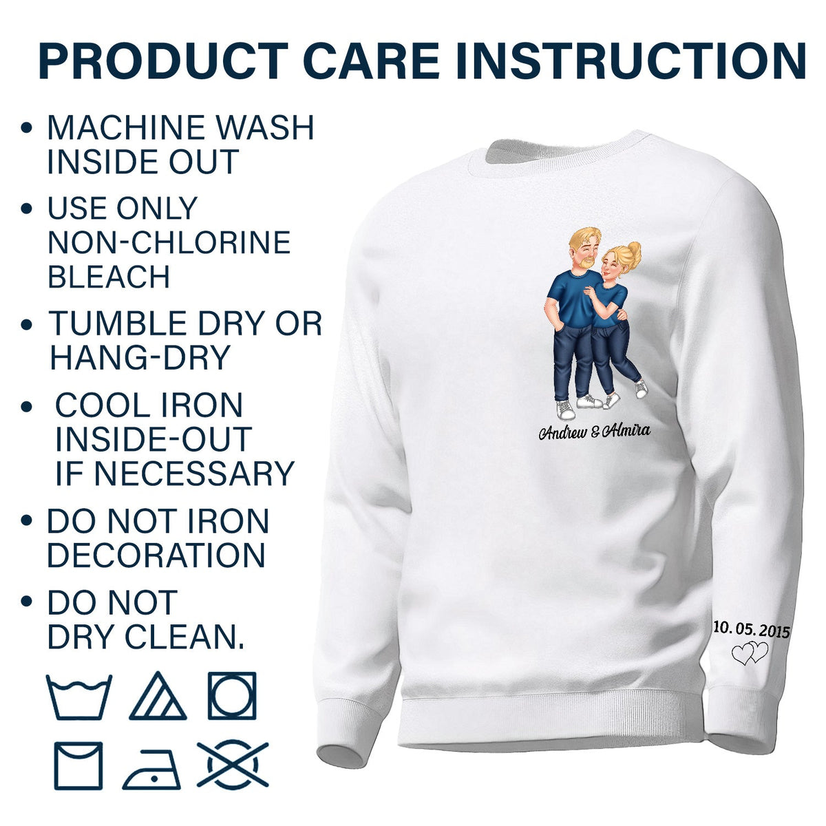 Couple bras dessus bras dessous - Cadeau pour couple, mari, femme - Sweat-shirt personnalisé avec empreinte sur la manche