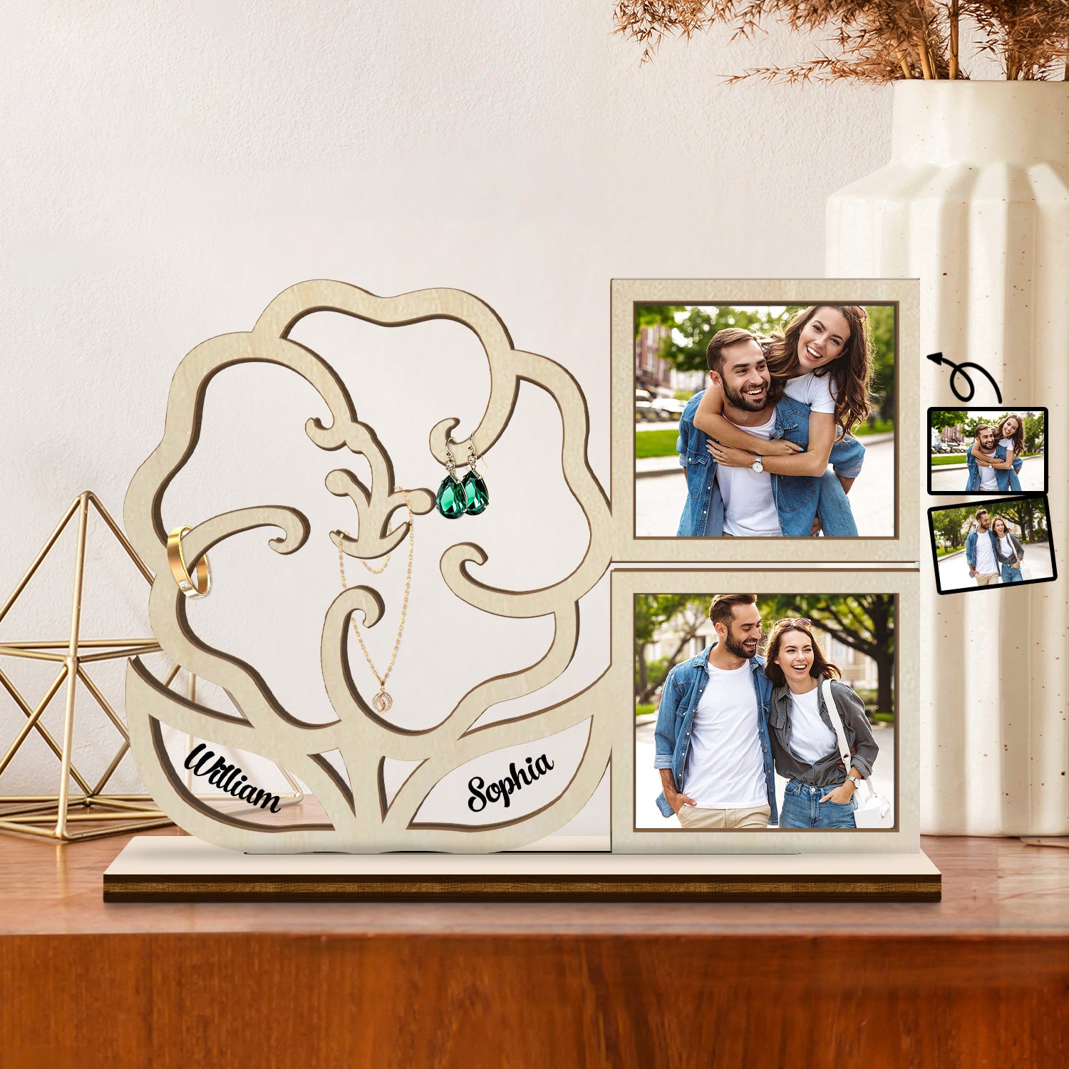 Custom Photo Flower Jewelry Holder - Gift For Spouse, Husband, Wife, Couple - Personalized Custom Shaped 2-Layered Acrylic Wooden Plaque