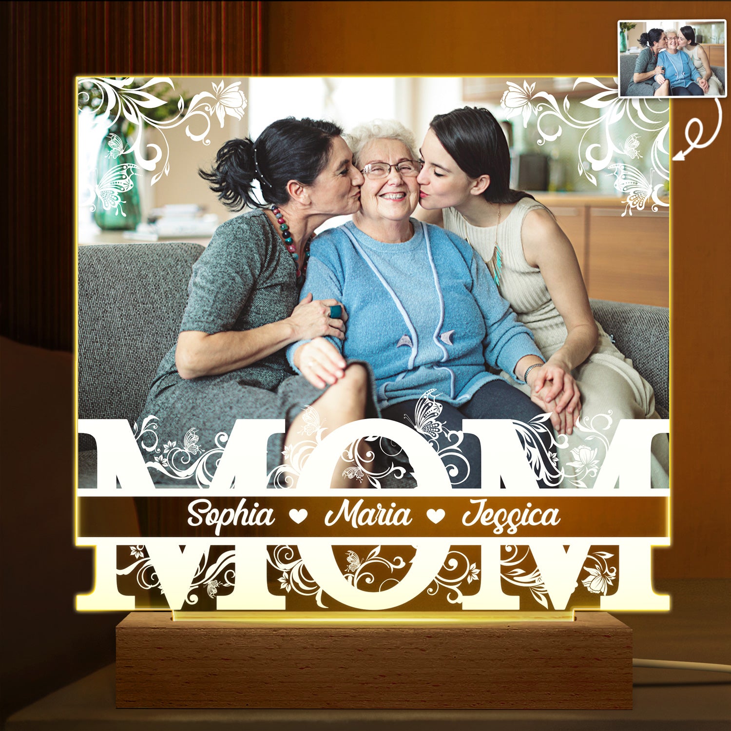 Custom Photo Mom Floral - Loving Gift For Mother, Grandma, Nana - Personalized 3D Led Light Wooden Base