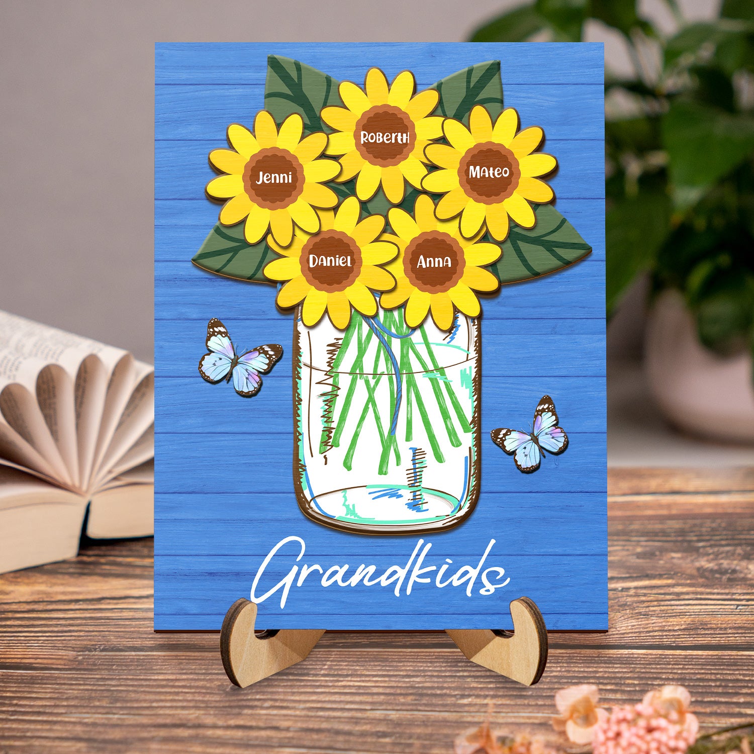 Sunflowers In Jar - Birthday, Loving Gift For Granny, Nana, Papa, Grandpa - Personalized 2-Layered Wooden Plaque With Stand