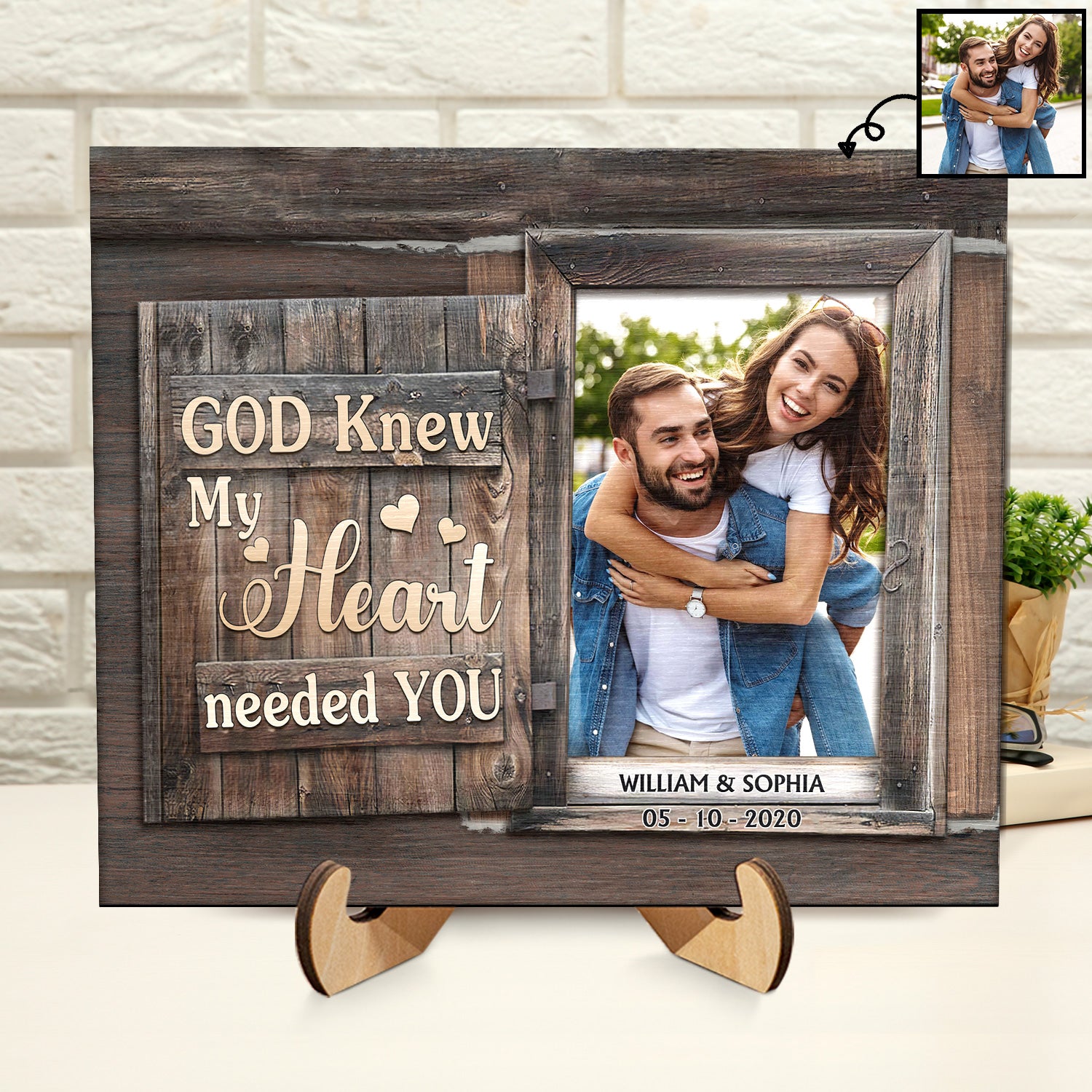 Custom Photo God Knew My Heart Needed You - Loving, Anniversary Gift For Couple, Spouse, Husband, Wife - Personalized 2-Layered Wooden Plaque With Stand