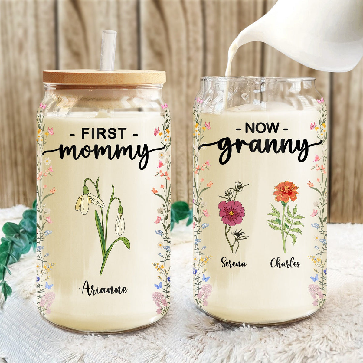 First Mom Now Grandma Birth Month Flowers - Gift For Mommy, Nana - Personalized Clear Glass Can