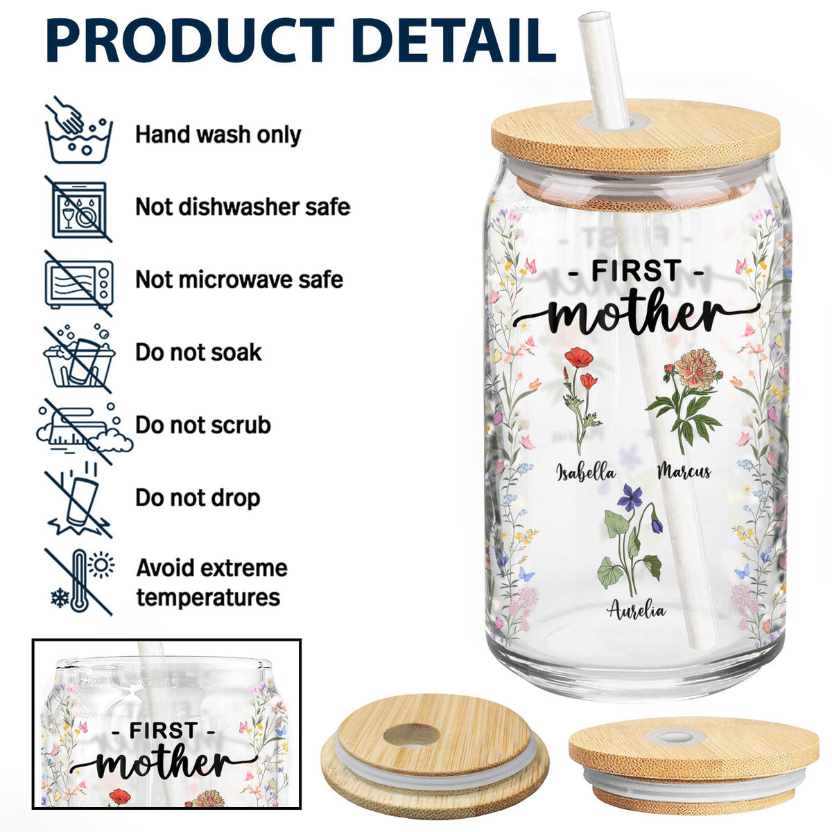 First Mom Now Grandma Birth Month Flowers - Gift For Mommy, Nana - Personalized Clear Glass Can