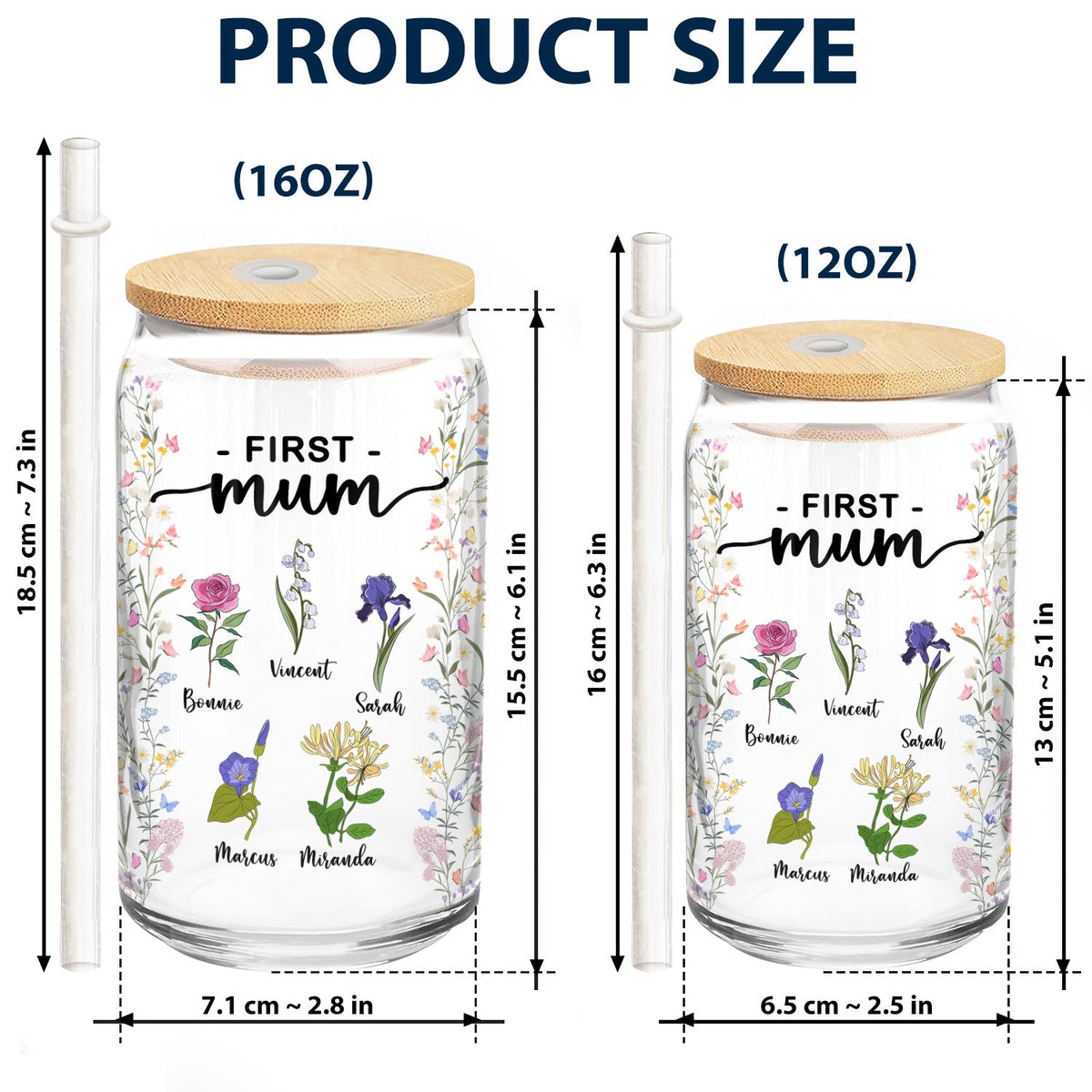 First Mom Now Grandma Birth Month Flowers - Gift For Mommy, Nana - Personalized Clear Glass Can