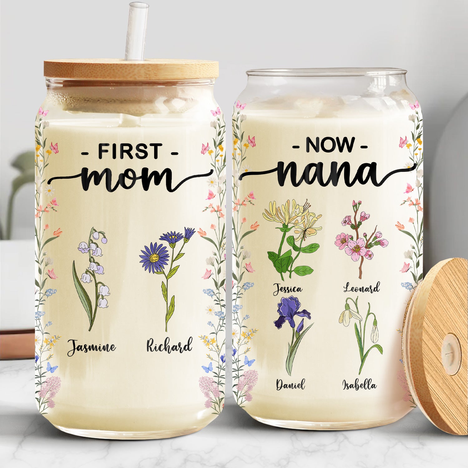 First Mom Now Grandma Birth Month Flowers - Gift For Mommy, Nana - Personalized Clear Glass Can