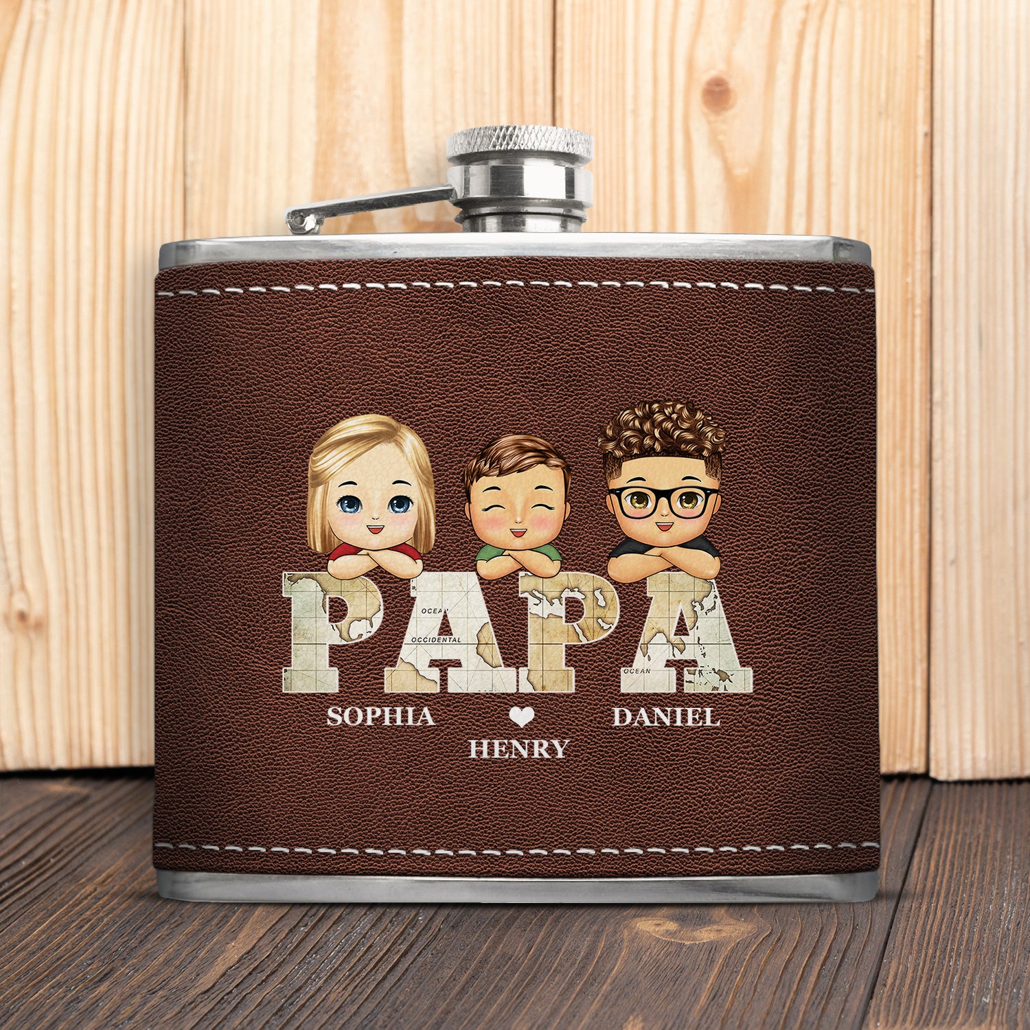Vintage Map Papa - Gift For Dad, Grandpa - Personalized Hip Flask