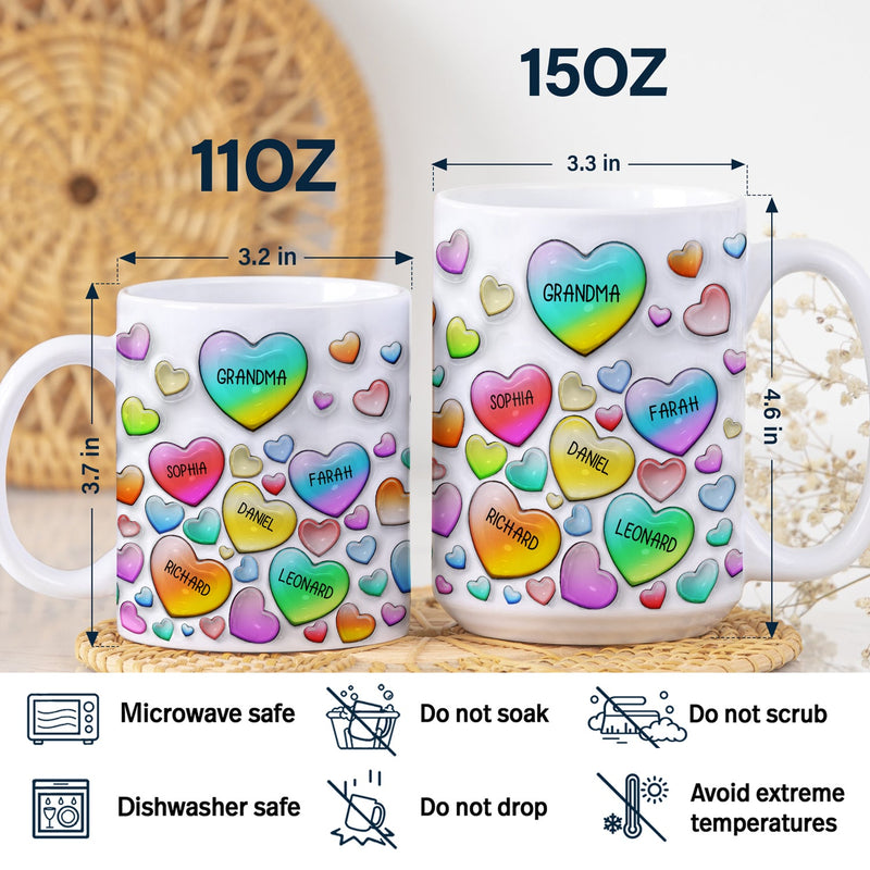 Grandma's Sweethearts Heart By Heart - Cadeau pour Nana, Maman, Mama - Mug imprimé effet gonflé 3D, Mug blanc personnalisé bord à bord