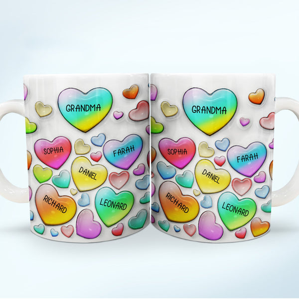 Grandma's Sweethearts Heart By Heart - Gift For Nana, Mom, Mama - 3D Inflated Effect Printed Mug, Personalized White Edge-to-Edge Mug