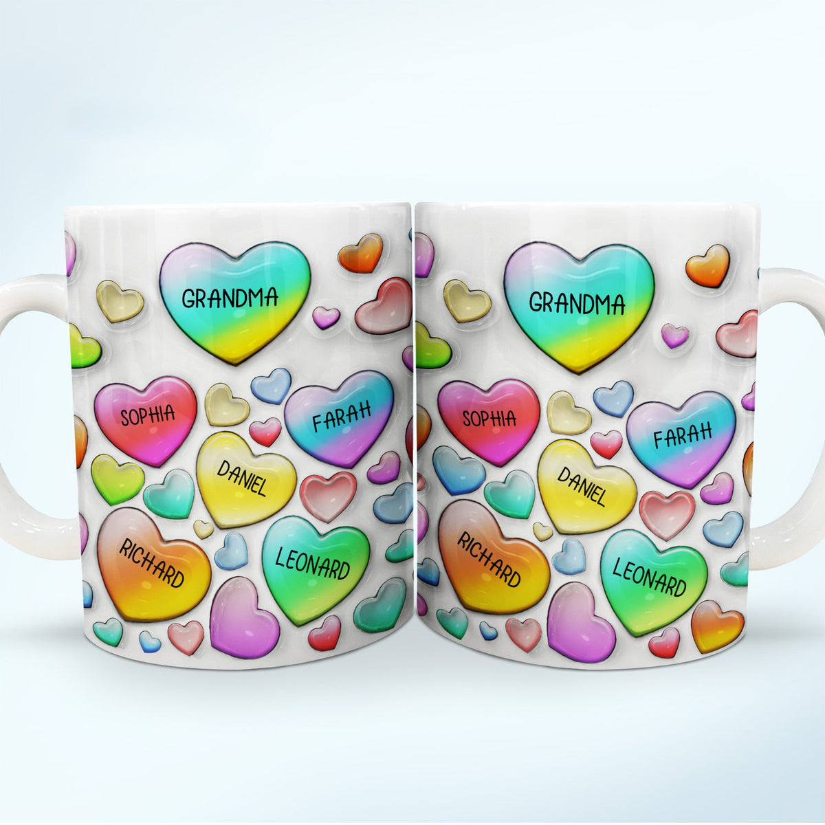 Grandma's Sweethearts Heart By Heart - Cadeau pour Nana, Maman, Mama - Mug imprimé effet gonflé 3D, Mug blanc personnalisé bord à bord