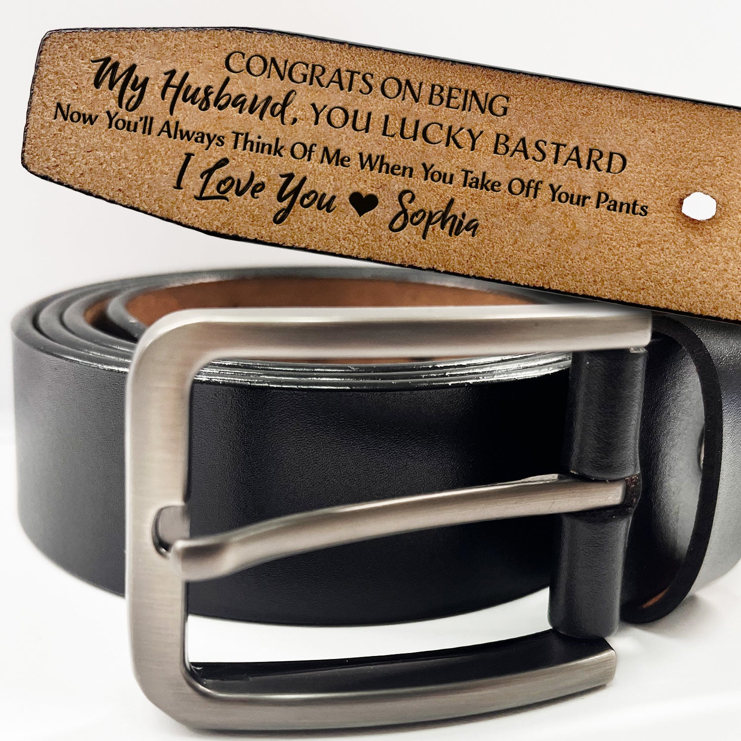 Congrats On Being My Husband You Lucky - Funny Gift For Hubby, Boyfriend, Spouse, Fiance, Dad Gift - Personalized Engraved Leather Belt