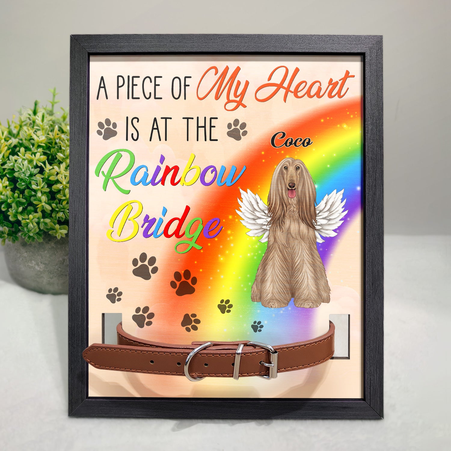 A Piece Of My Heart Is At The Rainbow - Memorial, Sympathy Gift For Dog Owners, Cat Lovers - Personalized Rectangle Pet Loss Sign, Collar Frame