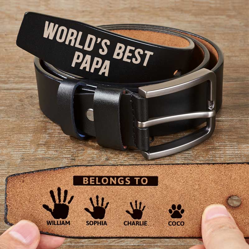 World's Best Papa Belongs To Grandkids - Personalized Engraved Leather Belt