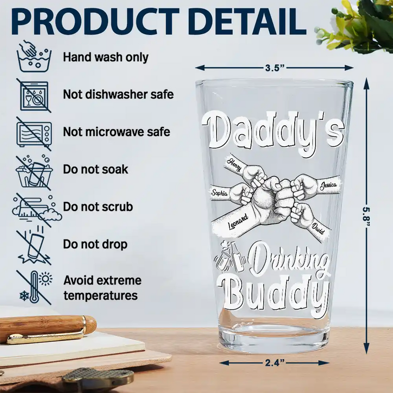 Daddy Drinking Buddy Funny Baby And Dad - Personalized Beer Glass