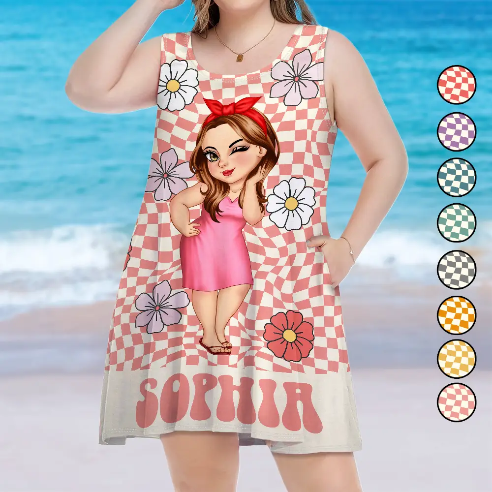 Cartoon Woman Retro Traveling Beach Poolside Swimming Picnic - Personalized Sleeveless Tank Dress