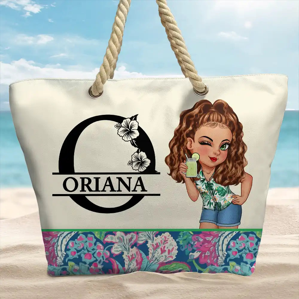 Sac de plage personnalisé avec monogramme floral tropical